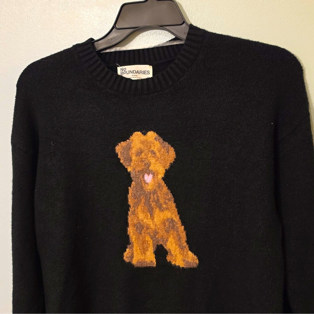 No Boundaries Women's Black Knit Crew Neck Dog Graphic Long Sleeve Sweater M 137